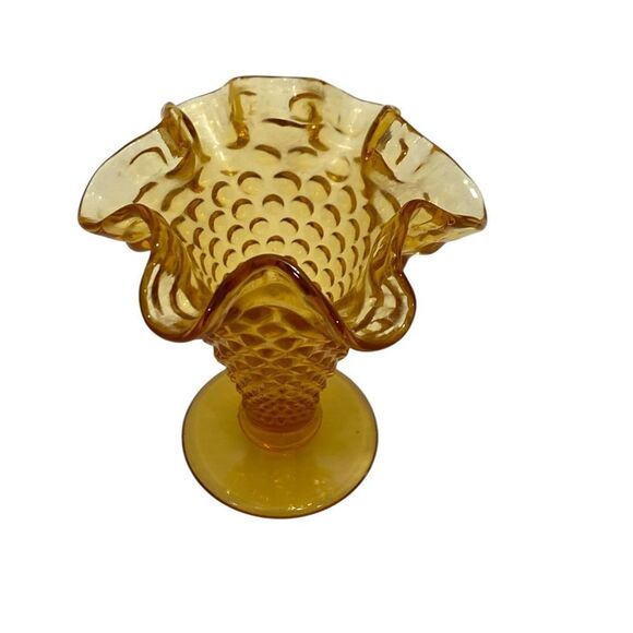 Vintage Amber Hobnail Glass Vase Wavy Edge Stands 4" Tall - Picture 3 of 7